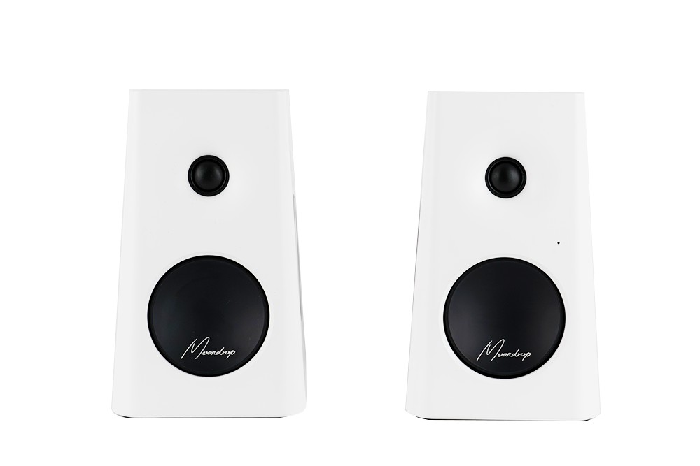 White MOONDROP MM3A active speaker pair — front view
