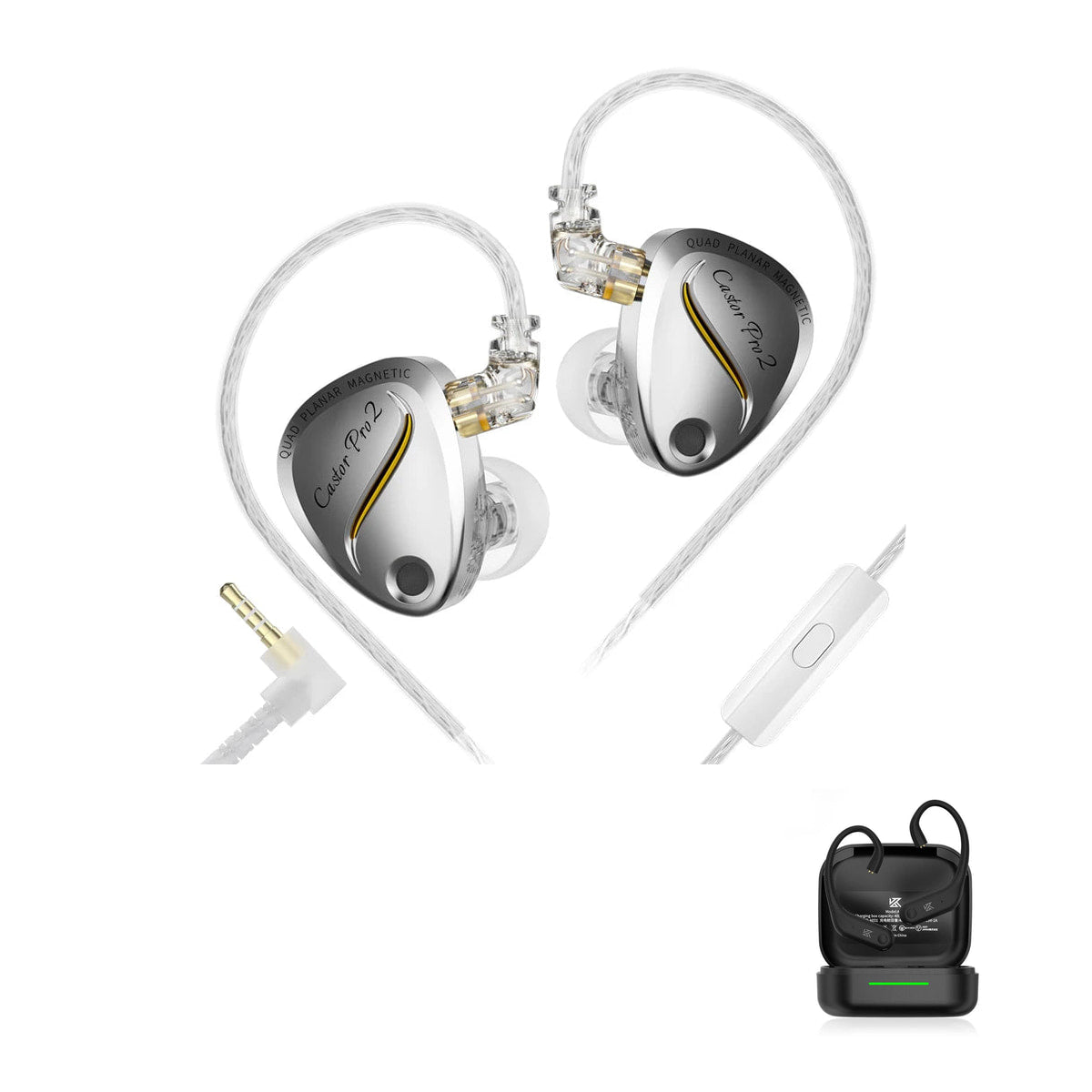KZ Castor Pro 2 - Planar Hybrid In-Ear Monitors with KZ AE01 Bluetooth adapter — Silver / Mic / With Bluetooth