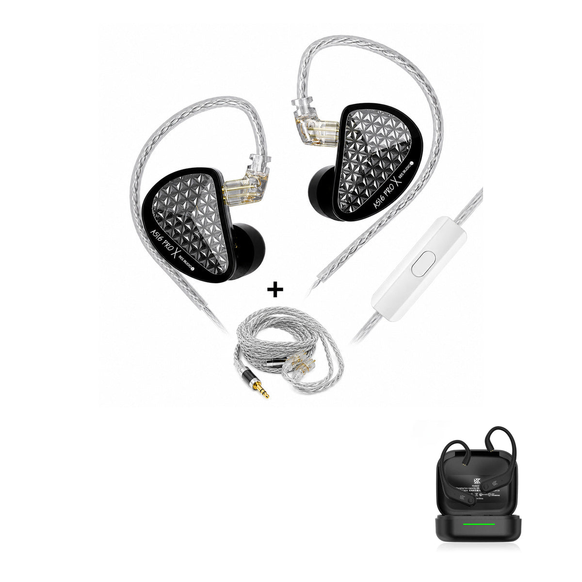 KZ AS16 PRO X - 16 Drivers IEM Earphones with KZ AE01 Bluetooth adapter — Black Upgraded Cable / Mic / With Bluetooth