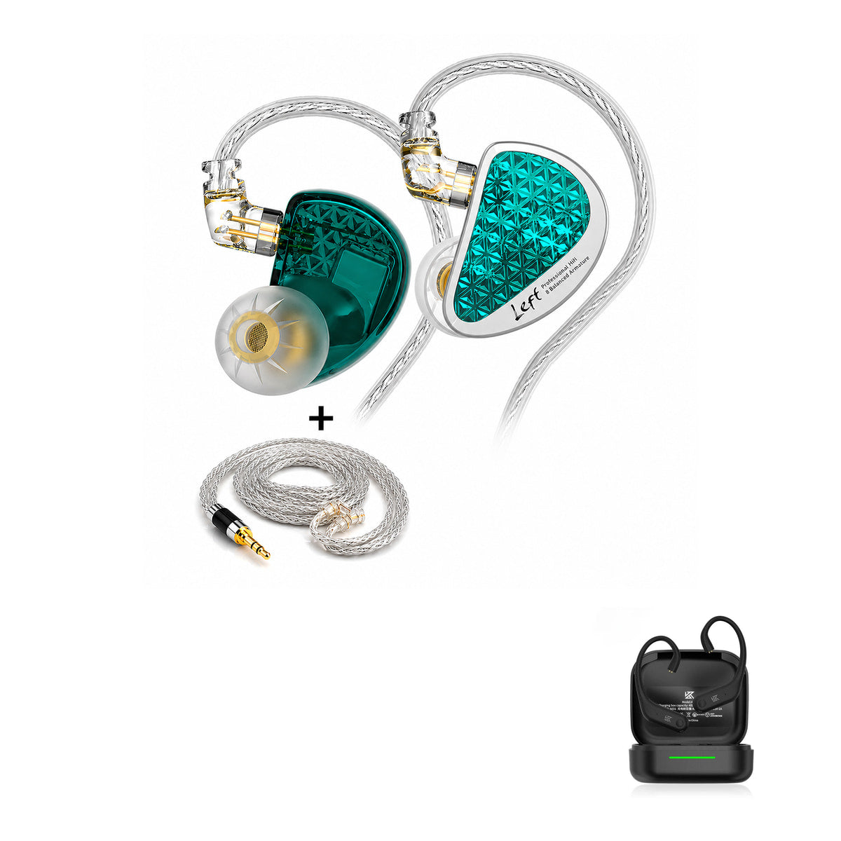 KZ AS16 PRO - 16 Drivers IEM Earphones with KZ AE01 Bluetooth adapter — Cyan Upgraded Cable / No Mic / With Bluetooth