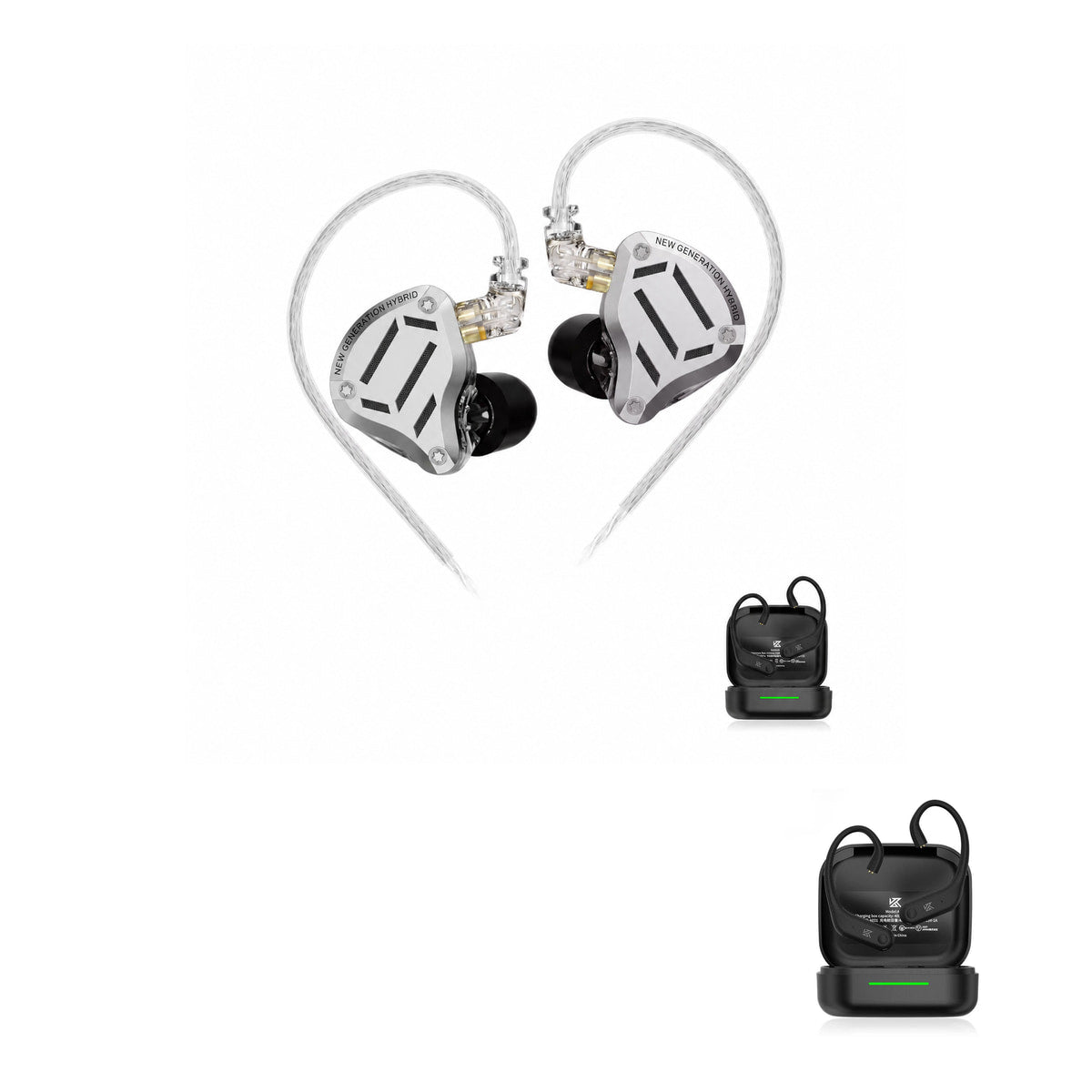 KZ ZS10 Pro 2 Gaming Earphones with KZ AE01 Bluetooth adapter — Silver / No Mic / With Bluetooth