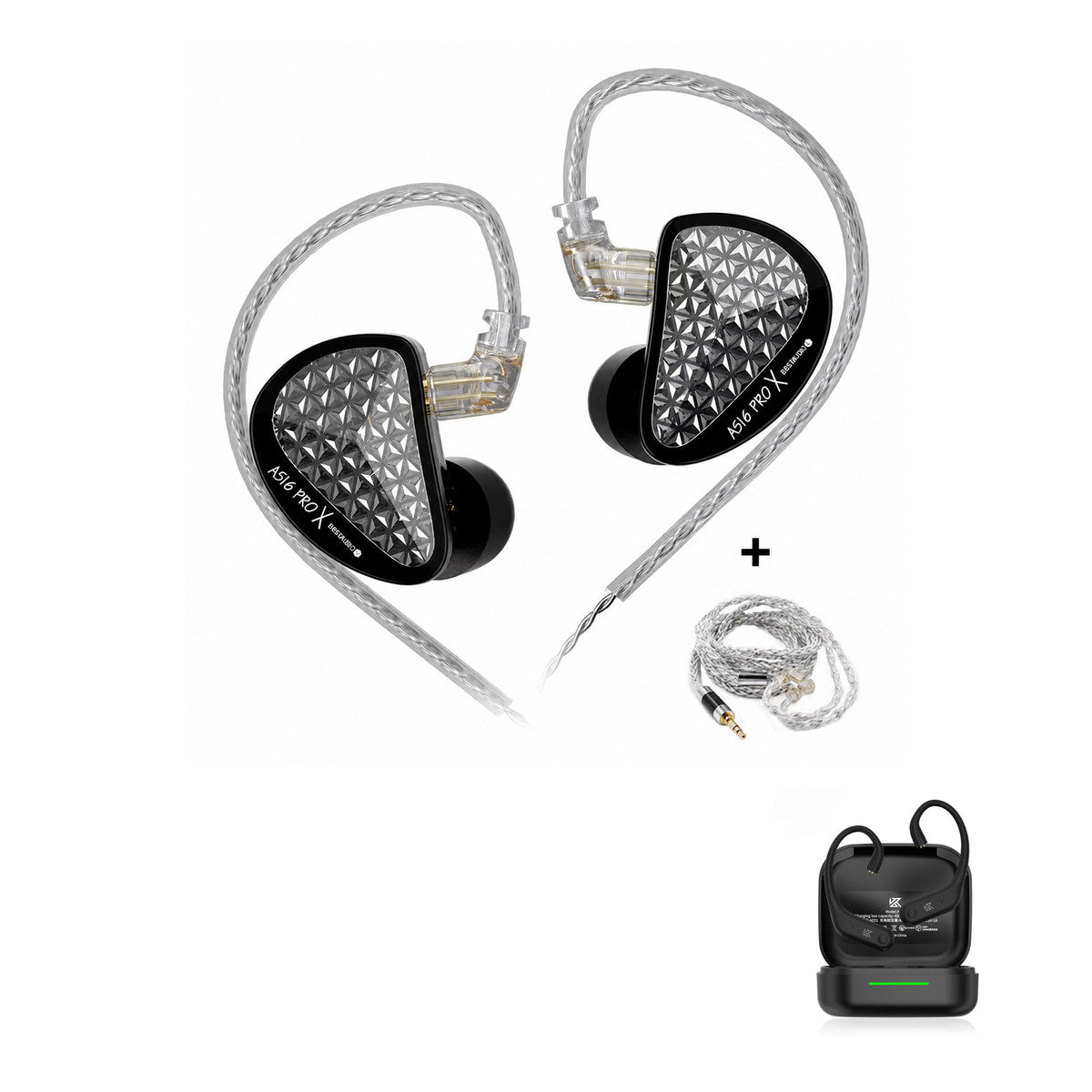 KZ AS16 PRO X - 16 Drivers IEM Earphones with KZ AE01 Bluetooth adapter — Black Upgraded Cable / No Mic / With Bluetooth