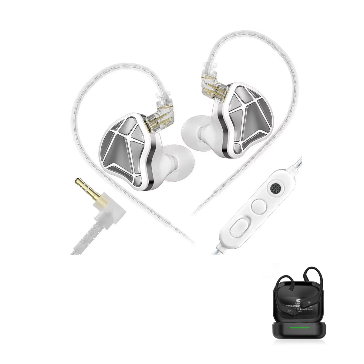 KZ Axas Gaming Earbuds — In-Ear Gaming Earphones with KZ AE01 Bluetooth adapter — White / Mic / Bluetooth