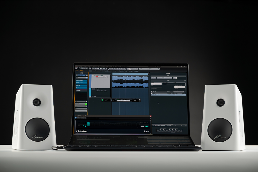 White MOONDROP MM3A active speaker pair — desktop setup; computer not included