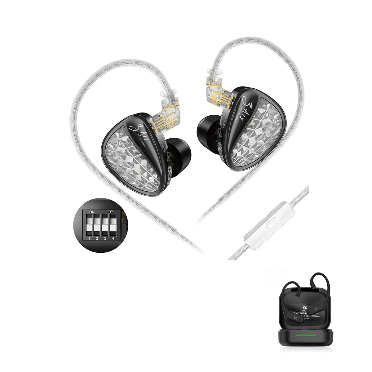 KZ ZA12 - New Professional 12 Drivers Hybrid Earphones with KZ AE01 Bluetooth adapter — Black Tuning / Mic / With Bluetooth