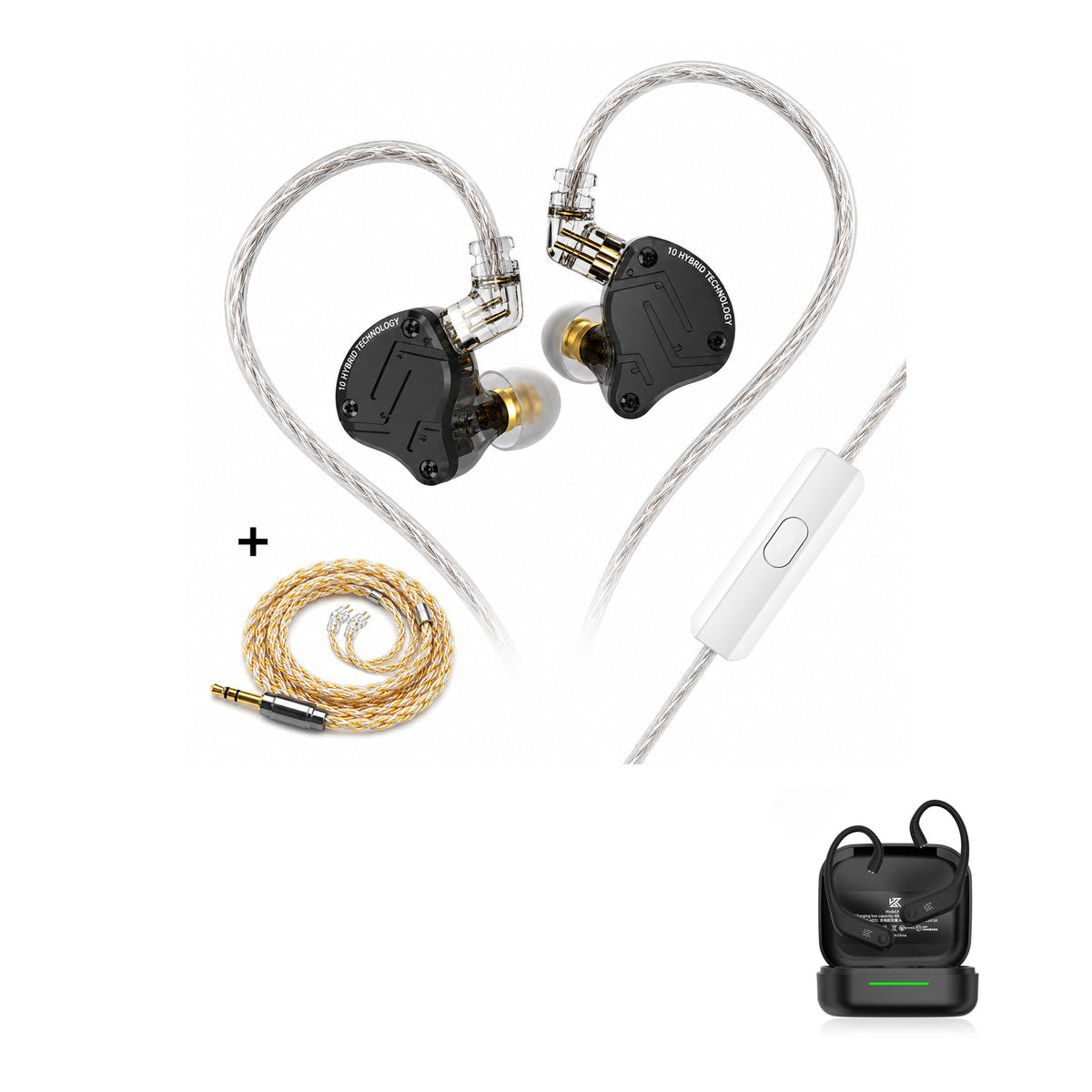 KZ ZS10 PRO X - 10 Drivers IEM Earphones with KZ AE01 Bluetooth adapter — Black Upgraded Cable / Mic / With Bluetooth