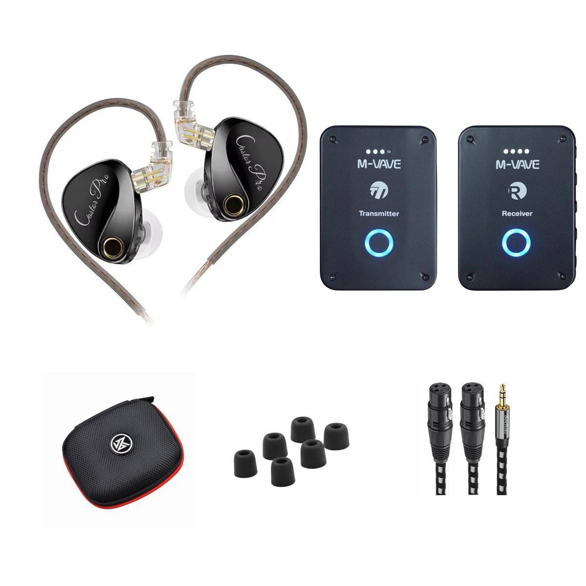 KZ Stage Monitoring Bundle with black Castor Pro Bass Up earphones, M-VAVE 2 transmitter and receiver, case, memory foam tips and dual XLR-to-3.5 mm cable