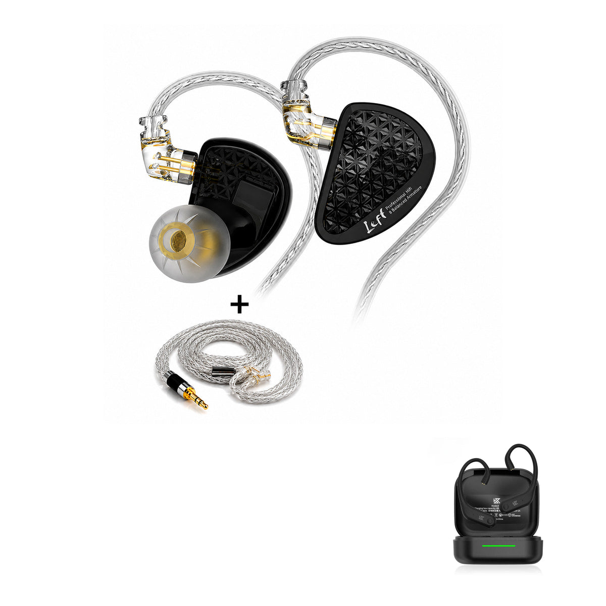KZ AS16 PRO - 16 Drivers IEM Earphones with KZ AE01 Bluetooth adapter — Black Upgraded Cable / No Mic / With Bluetooth