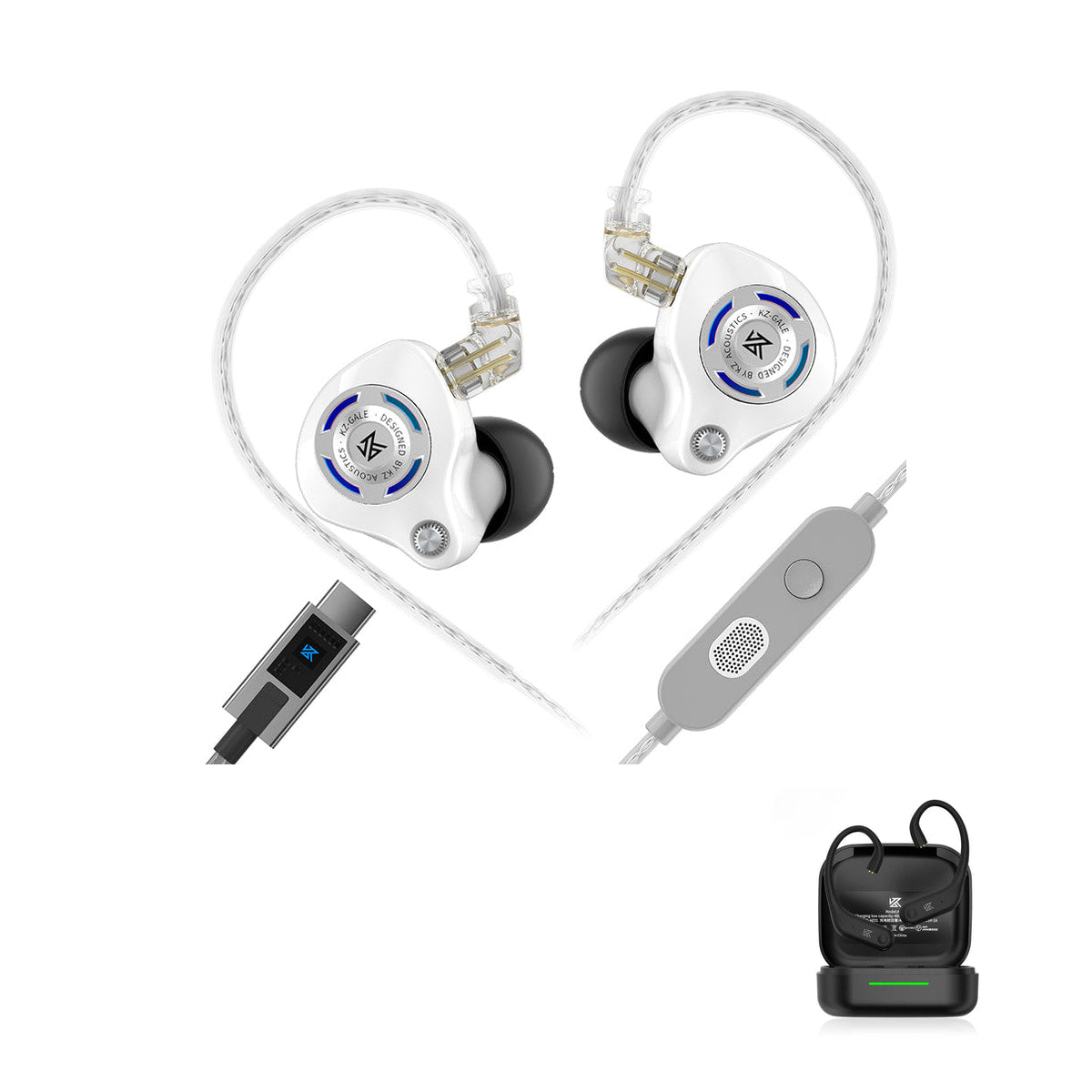 New KZ Gale - HiFi In-Ear Gaming Earphones with KZ AE01 Bluetooth adapter — Arctic White / Mic (USB-C) / With Bluetooth