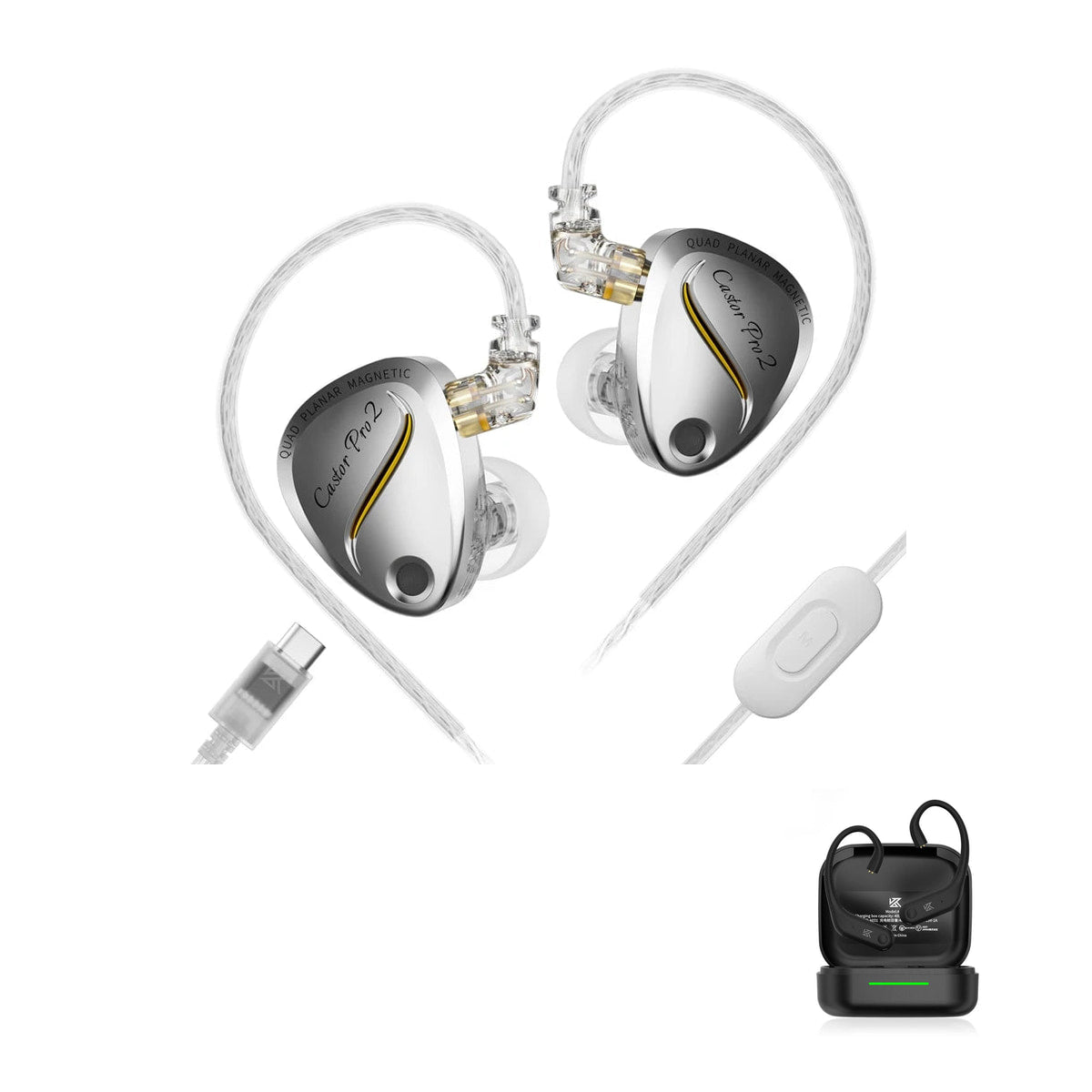 KZ Castor Pro 2 - Planar Hybrid In-Ear Monitors with KZ AE01 Bluetooth adapter — Silver / Mic USB-C / With Bluetooth