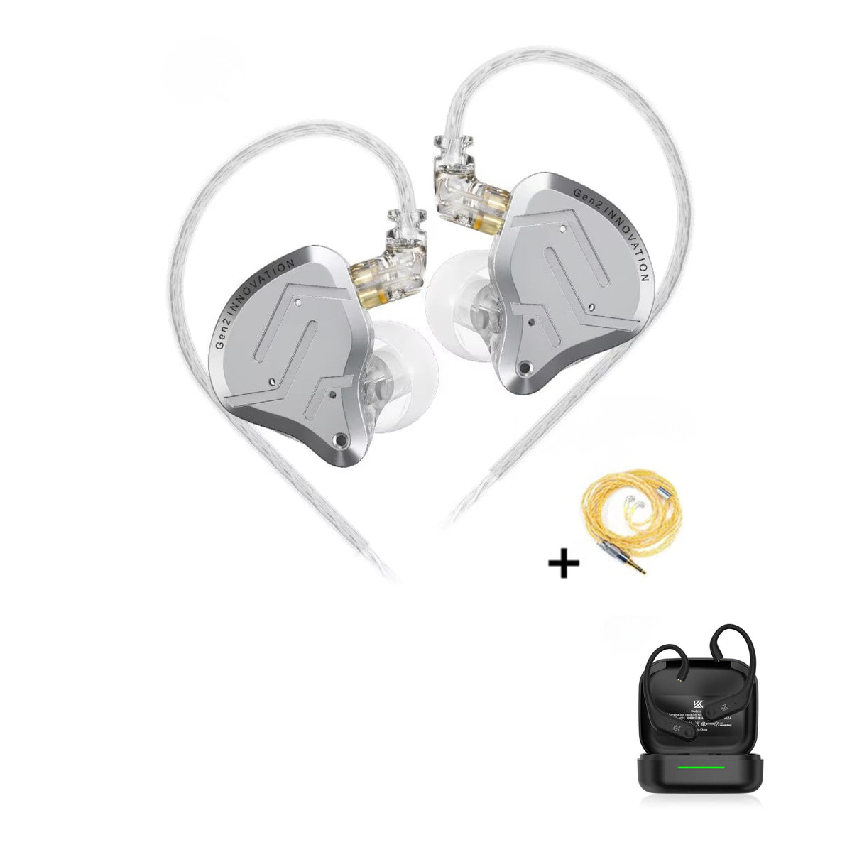 KZ ZSN PRO 2 - Hybrid IEM Earphones with KZ AE01 Bluetooth adapter — Silver / No Mic + Gold Premium Cable / With Bluetooth, Silver / Mic + Gold Premium Cable / With Bluetooth