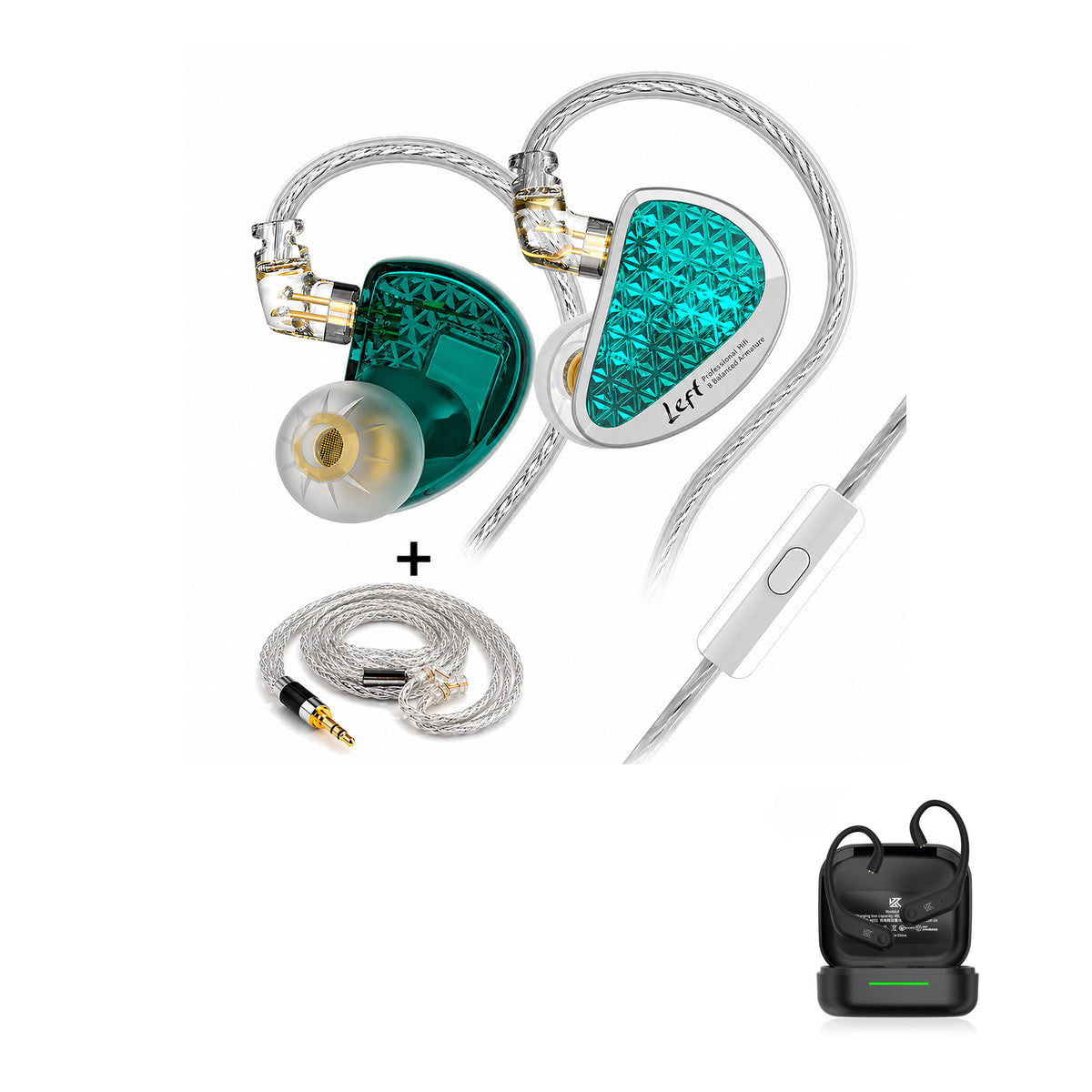 KZ AS16 PRO - 16 Drivers IEM Earphones with KZ AE01 Bluetooth adapter — Cyan Upgraded Cable / Mic / With Bluetooth