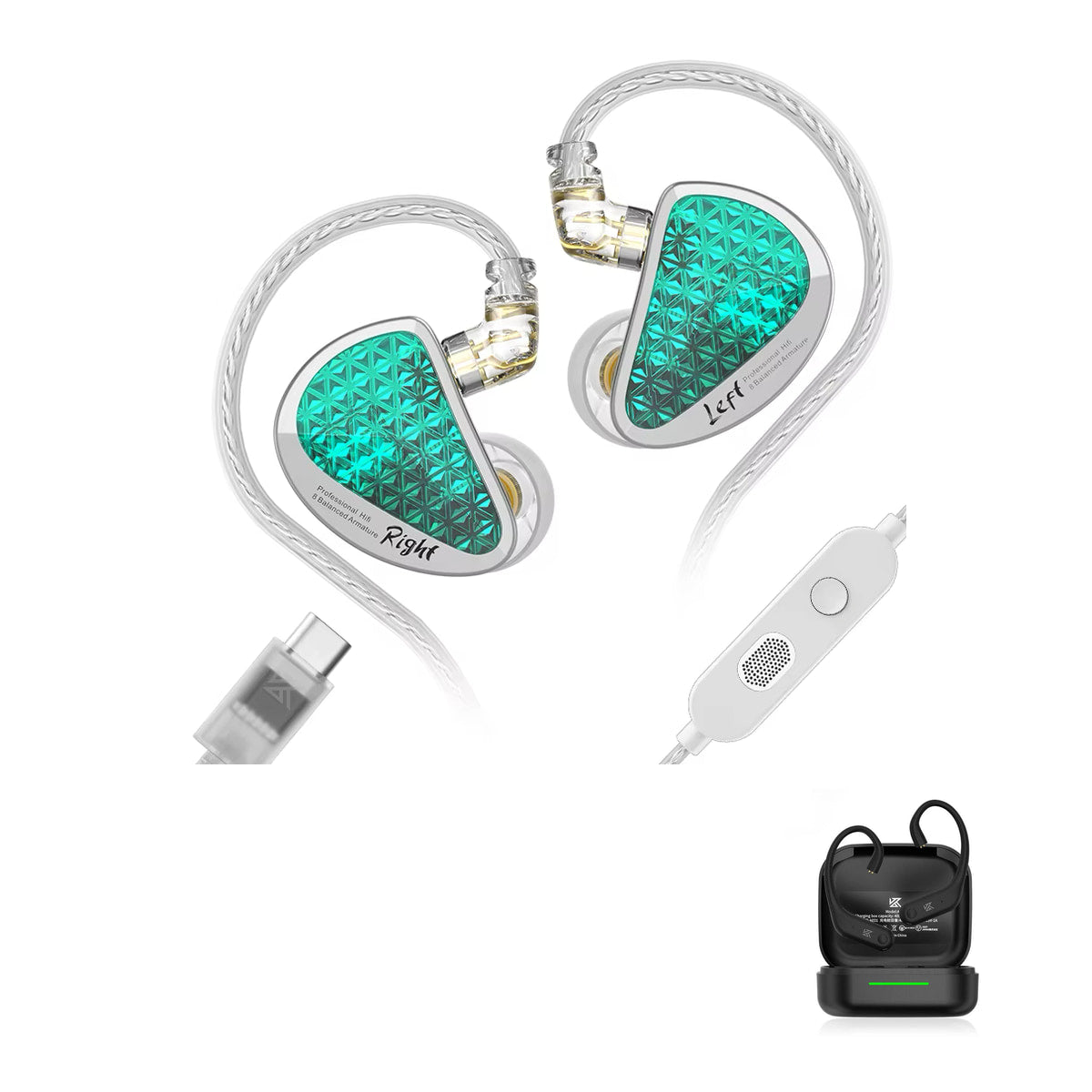 KZ AS16 PRO - 16 Drivers IEM Earphones with KZ AE01 Bluetooth adapter — Cyan / USB-C (With Mic) / With Bluetooth