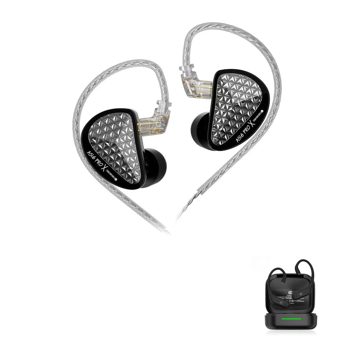 KZ AS16 PRO X - 16 Drivers IEM Earphones with KZ AE01 Bluetooth adapter — Black / No Mic / With Bluetooth