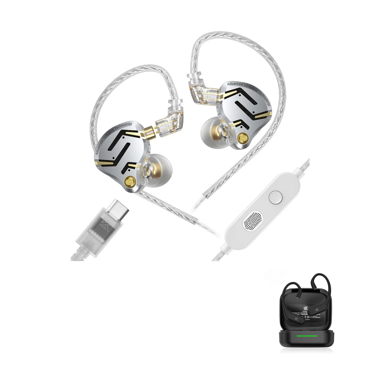 New KZ ZS12 PRO 2 - 12 Drivers HiFi Premium with KZ AE01 Bluetooth adapter — Silver / Mic (USB-C) / With Bluetooth