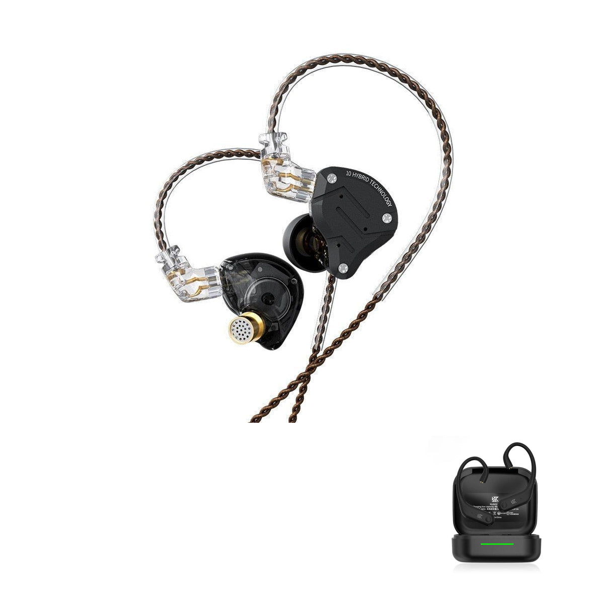 KZ ZS10 PRO - 10 Drivers IEM Earphones with KZ AE01 Bluetooth adapter — Pure Black (Limited Version) / No Mic / With Bluetooth, Pure Black (Limited Version) / Mic / With Bluetooth
