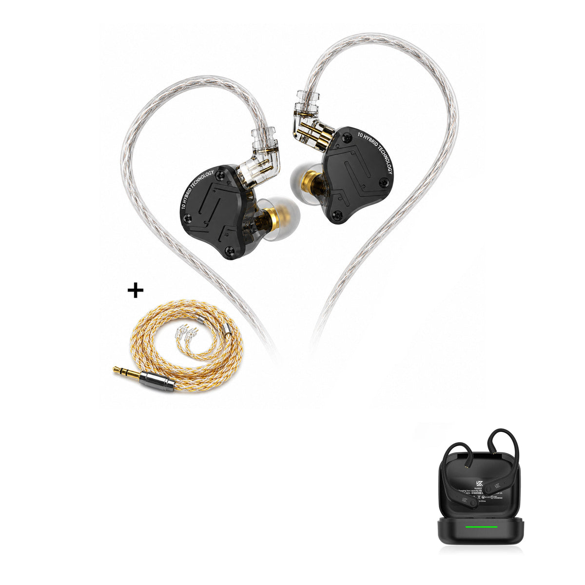 KZ ZS10 PRO X - 10 Drivers IEM Earphones with KZ AE01 Bluetooth adapter — Black Upgraded Cable / No Mic / With Bluetooth