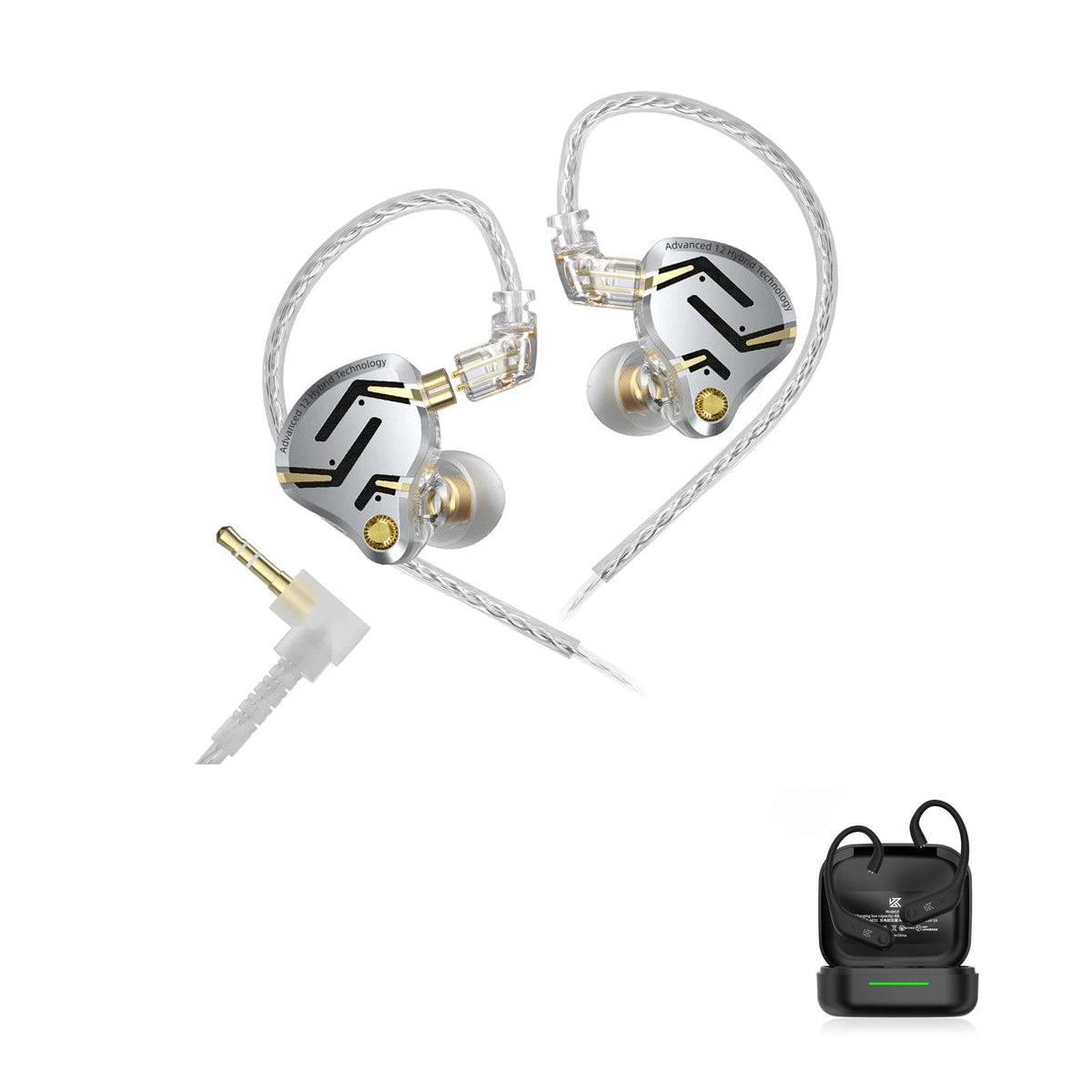 New KZ ZS12 PRO 2 - 12 Drivers HiFi Premium with KZ AE01 Bluetooth adapter — Silver / No Mic (3.5mm) / With Bluetooth