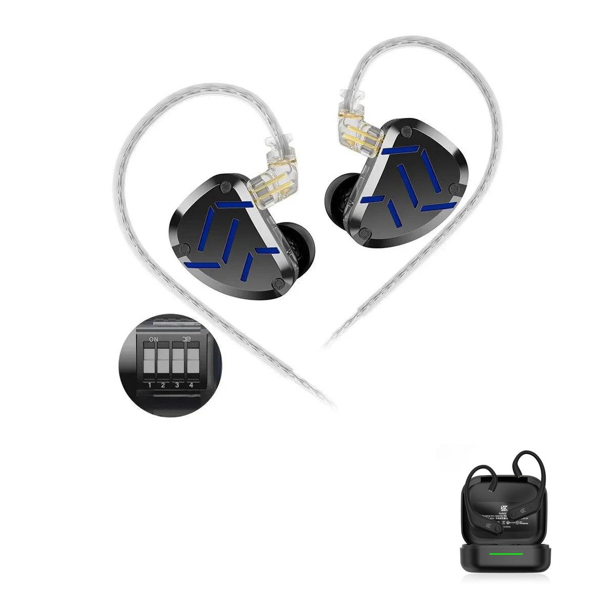 KZ ZAT - Professional Hybrid In-Ear Monitors with Customizable Sound with KZ AE01 Bluetooth adapter — Black / No Mic / With Bluetooth