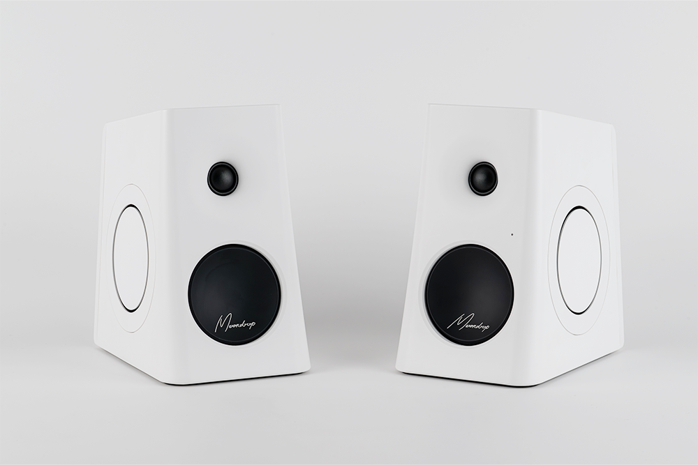 White MOONDROP MM3A active speaker pair — side passive radiators
