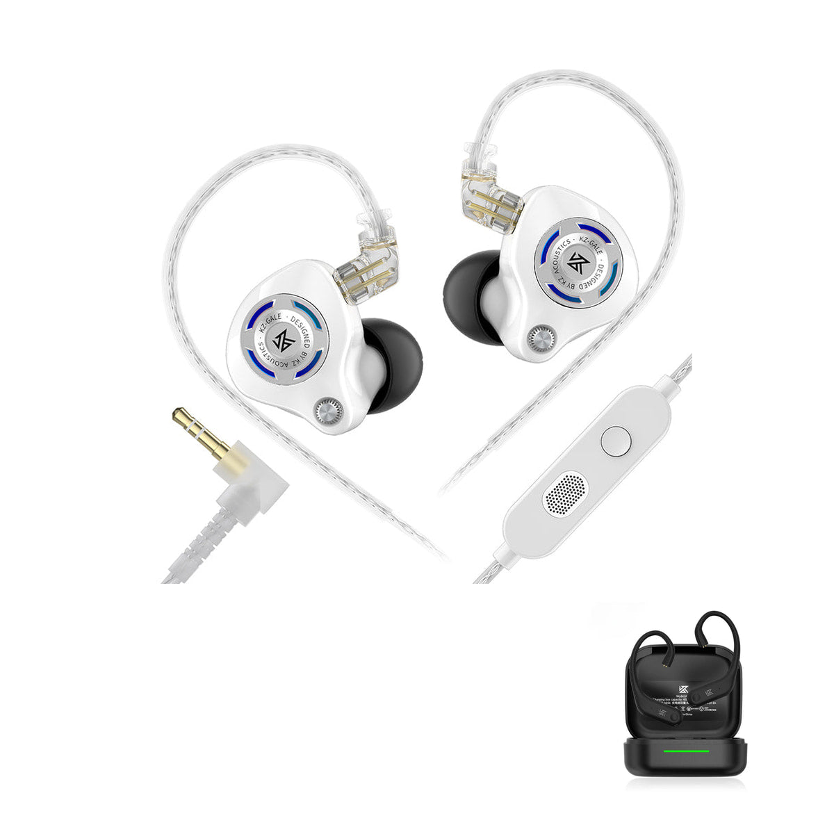 New KZ Gale - HiFi In-Ear Gaming Earphones with KZ AE01 Bluetooth adapter — Arctic White / Mic (3.5mm) / With Bluetooth