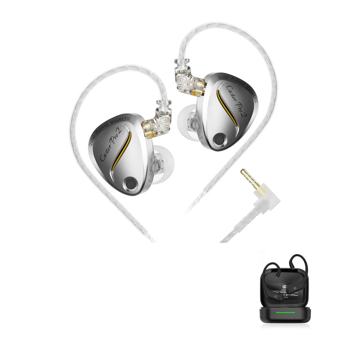 KZ Castor Pro 2 - Planar Hybrid In-Ear Monitors with KZ AE01 Bluetooth adapter — Silver / No Mic / With Bluetooth