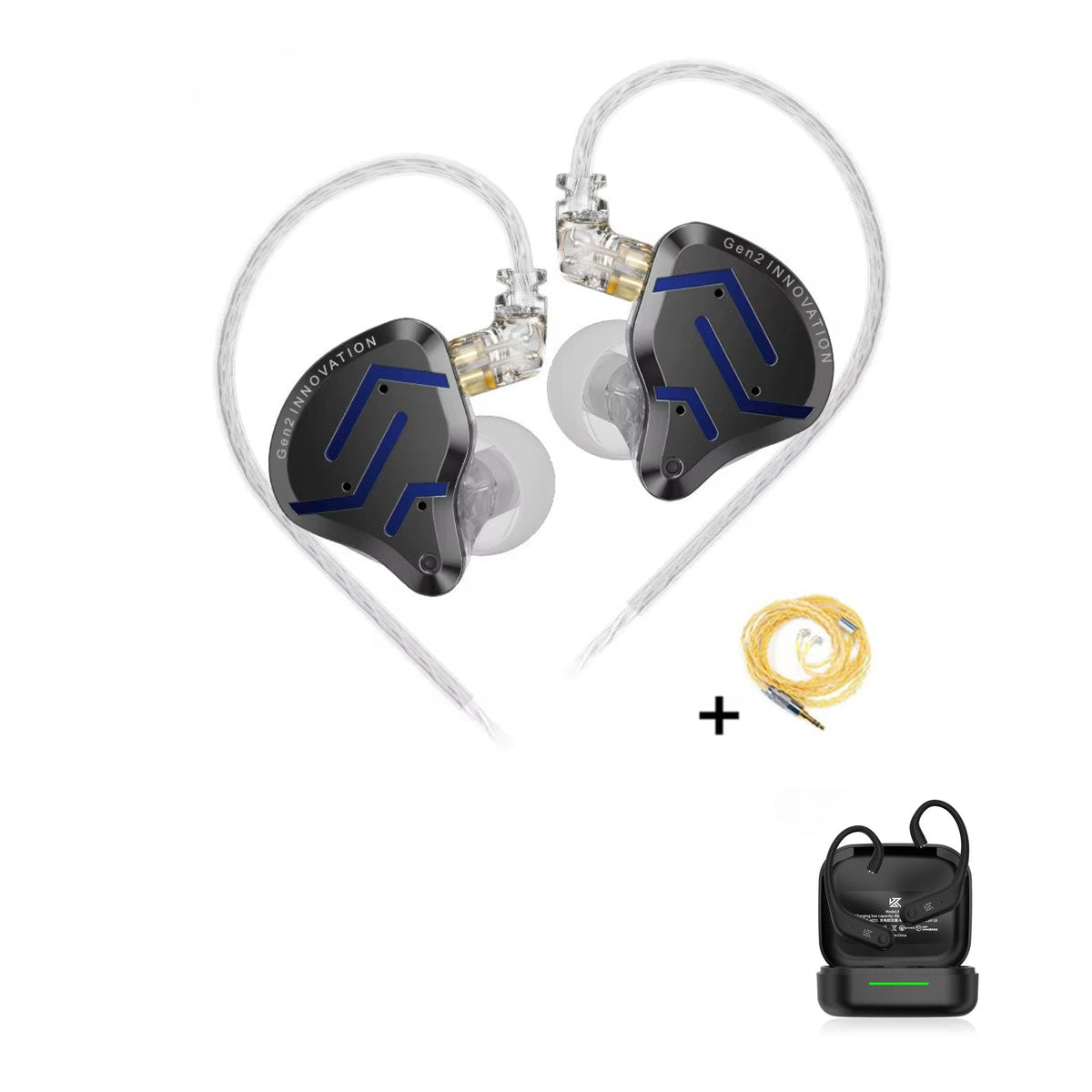 KZ ZSN PRO 2 - Hybrid IEM Earphones with KZ AE01 Bluetooth adapter — Midnight Black (Limited version) / No Mic + Gold Premium Cable / With Bluetooth, Midnight Black (Limited version) / Mic + Gold Premium Cable / With Bluetooth