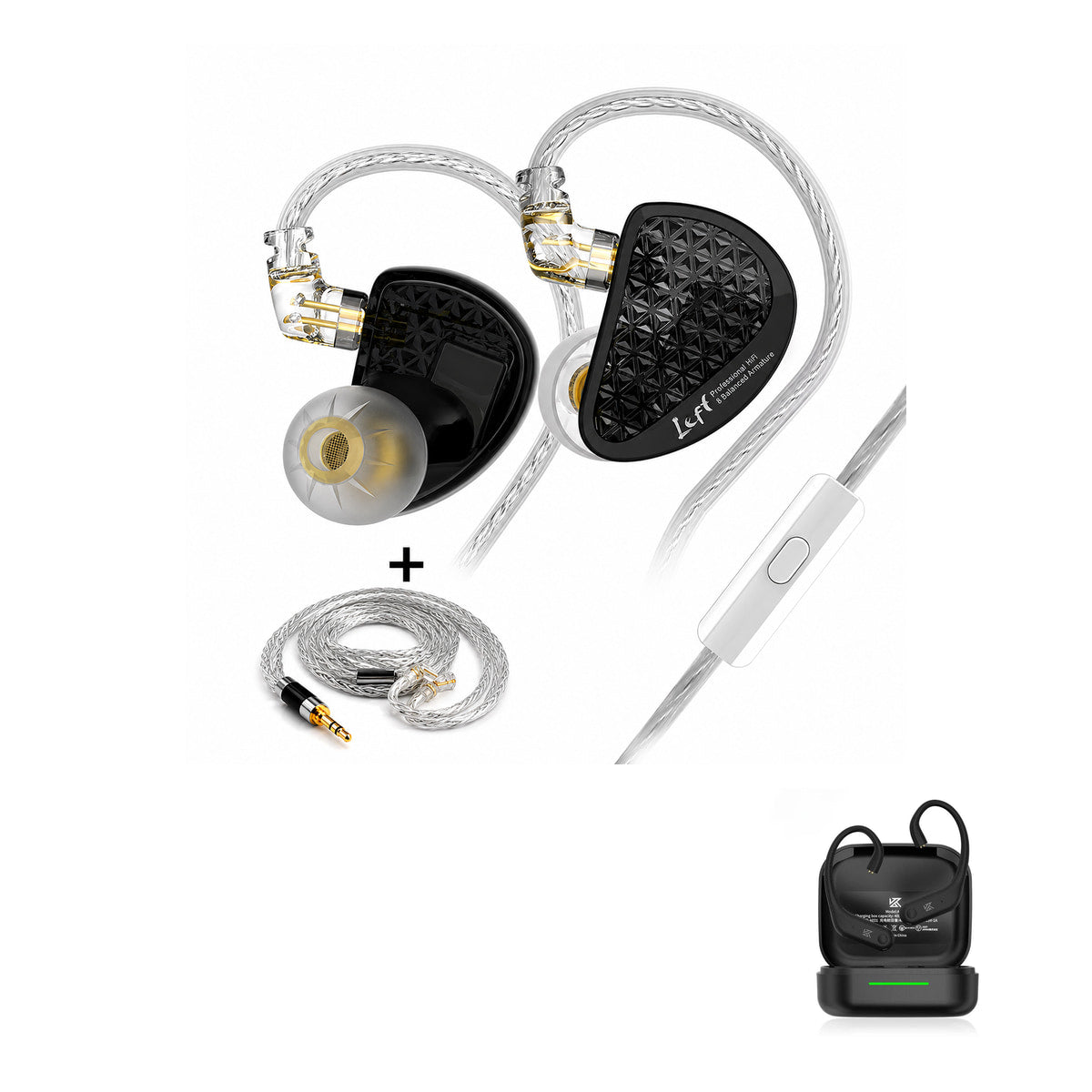 KZ AS16 PRO - 16 Drivers IEM Earphones with KZ AE01 Bluetooth adapter — Black Upgraded Cable / Mic / With Bluetooth