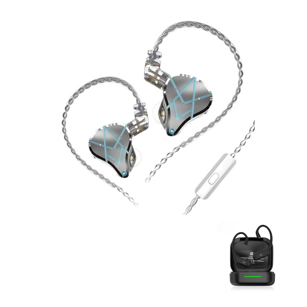 KZ ASX - Professional 20 Drivers IEM Earphones with KZ AE01 Bluetooth adapter — Silver / Mic / With Bluetooth