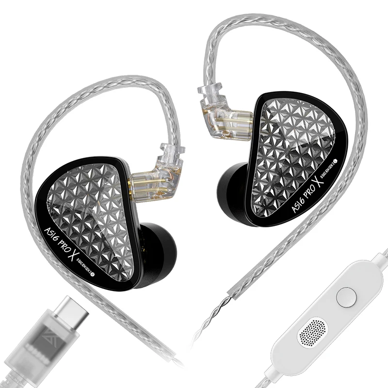 KZ AS16 PRO X - 16 Drivers IEM Earphones – Black – USB-C (With Mic)