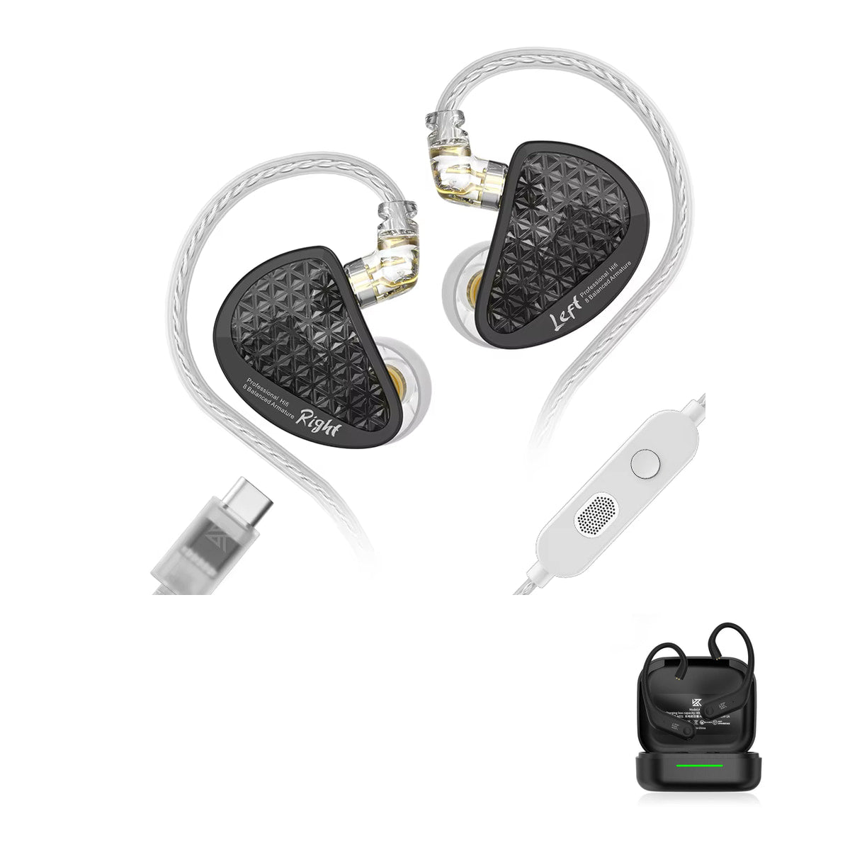 KZ AS16 PRO - 16 Drivers IEM Earphones with KZ AE01 Bluetooth adapter — Black / USB-C (With Mic) / With Bluetooth