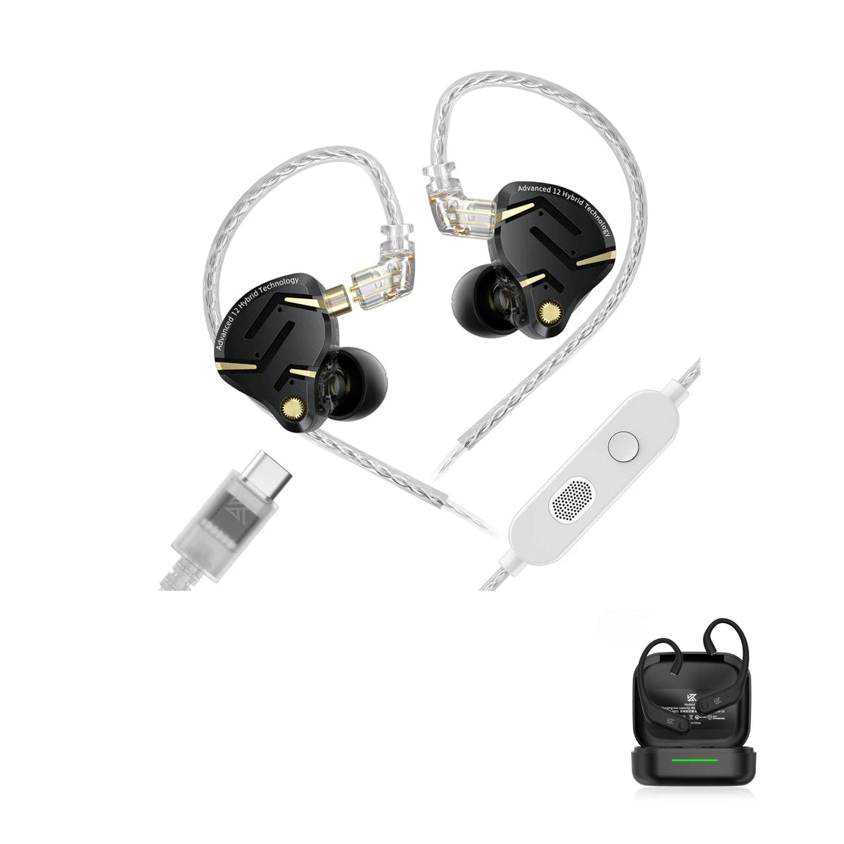 New KZ ZS12 PRO 2 - 12 Drivers HiFi Premium with KZ AE01 Bluetooth adapter — Black / Mic (USB-C) / With Bluetooth