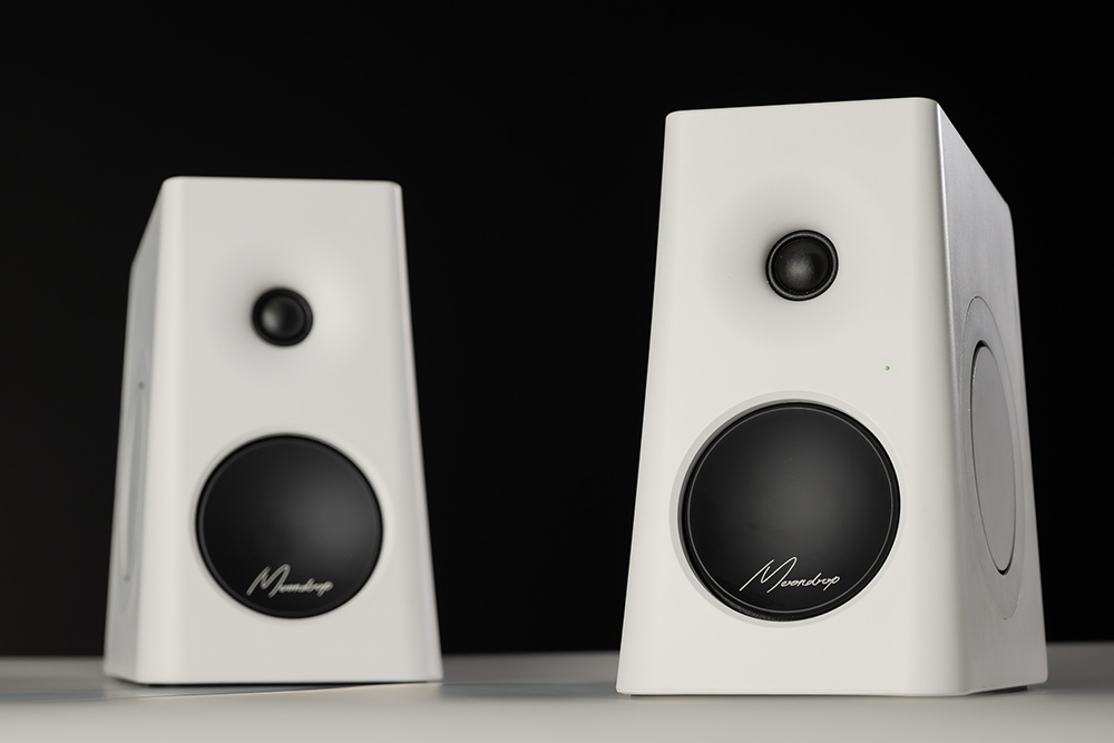 White MOONDROP MM3A active speaker pair — driver detail